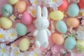 Happy easter easter card Eggs Blooming Blessings Basket. White color combination Bunny rose froth. coral background wallpaper Royalty Free Stock Photo