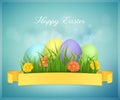 Happy Easter card with eggs, grass, flowers and bokeh effect. Vector illustration.