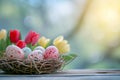 Happy easter card Eggs Sunrise Serenity Basket. White Shopping Bunny Orange Burst. Celadon background wallpaper Royalty Free Stock Photo