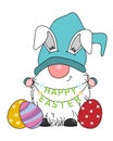 Happy easter card. Gnome happy easter sign and eggs. Royalty Free Stock Photo