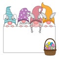 Happy easter card. Gnomes with blank sign and basket with easter eggs Royalty Free Stock Photo