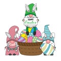 Happy easter card. Gnomes with a large basket of easter eggs Royalty Free Stock Photo