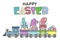 Happy easter card. Gnomes on a train with easter eggs. Royalty Free Stock Photo