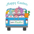 Happy easter card. Gnomes transporting easter eggs by car Royalty Free Stock Photo