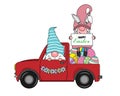 Happy easter card. Gnomes transporting easter eggs by car Royalty Free Stock Photo