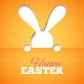 Happy easter card with hiding bunny and font on orange paper background