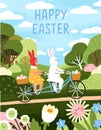 Happy Easter card. Kids postcard design for spring holiday. Cute bunny, fairy rabbit, kawaii fairytale character and