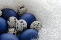 Happy easter card - place for text. Blue easter and quail eggs in a snow-white woolen cozy nest on a white wooden background,