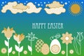 Happy Easter card with rabbit, blooming spring flowers, clouds and ornate eggs.