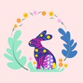 Happy Easter, Easter card, Rabbit, Easter Egg and flowers background