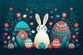 Happy easter card with rabbit, flowers and eggst. Generative ai Royalty Free Stock Photo