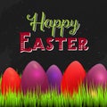 Happy Easter Card with space for text, Grass on dark chalkboard with coolorful eggs. Vector illustration with wintage Royalty Free Stock Photo