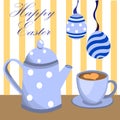 happy Easter. Easter card - teapot with coffee with cup on saucer of blue color was on table. Glass balls in the shape of eggs