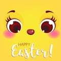 Happy Easter card template. Cute chicken face. Cartoon chick