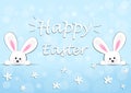 Happy easter card, two funny bunnies on a blue background horizontal vector illustration