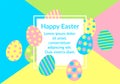 Happy Easter card vector with white square frame, colorful decorated eggs with dots stripes on colorful geometric Royalty Free Stock Photo