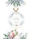 Happy Easter cards with herbal twigs and branches wreath and corners border. Rustic vintage bouquets with fern frons