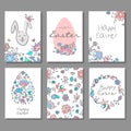 Happy Easter cards set with colorful floral doodle background and decorative eggs.