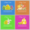 Happy easter cards Set meadow with newborn chicken, flower, butterfly, ornament floral eggs Royalty Free Stock Photo