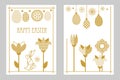 Happy Easter cards set with rabbit, blooming tulips, wildflowers and ornate eggs.