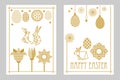 Happy Easter cards set with rabbit, blooming tulips, wildflowers and ornate eggs.