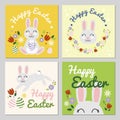 Happy Easter Cards Vector Set to Celebrate Easter. 4 cards with bunny rabbit smiling with flowers. Flat illustration with spring Royalty Free Stock Photo