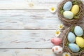 Happy easter carefree Eggs Sprouting Basket. White easter basket fillers Bunny festive designs. holy friday background wallpaper Royalty Free Stock Photo