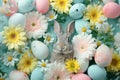 Happy easter Carnival Eggs Adventure Basket. White stackable basket Bunny resurrection sunday. jovial background wallpaper Royalty Free Stock Photo