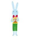 Happy Easter. Cartoon Easter bunny holding basket eggs. Rabbit and eggs. Royalty Free Stock Photo