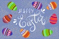 Happy Easter. Cartoon cute eggs and hand drawing doodle with text. Horizontal Vector