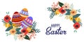 Happy Easter. Cartoon cute folk eggs with bouquet of flowers and text. Horizontal Vector