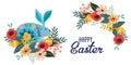 Happy Easter. Cartoon cute folk rabbit with bouquet of flowers and text. Horizontal Vector