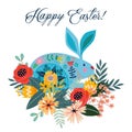 Happy Easter. Cartoon cute folk rabbit with bouquet of flowers and text. Vector