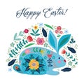 Happy Easter. Cartoon cute folk rabbit with flowers isolated on a white background with text. Vector