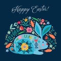 Happy Easter. Cartoon cute folk rabbit with flowers and text. Vector