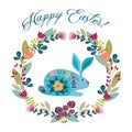 Happy Easter. Cartoon cute folk rabbit with wreath of flowers isolated on a white background with text. Vector