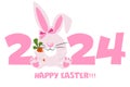 Happy Easter 2024, Cartoon Rabbit with carrot. Flat Cartoon Style