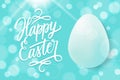 Happy Easter celebrate banner with easter egg, hand lettering text design and blue bokeh background.