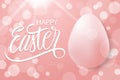 Happy Easter celebrate banner with easter egg, hand lettering text design and pink bokeh background.