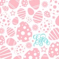 Happy Easter celebrate card with handwritten easter holiday greetings and pink easter eggs.