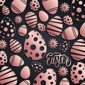 Happy Easter celebrate card with handwritten easter holiday greetings and rose gold easter eggs.