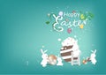 Happy Easter, celebrate invitation, rabbit cartoon character with Easter egg, seasonal party holiday vector illustration