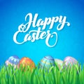 Happy easter. Celebration. Card for Easter with a blue background, green grass and colored eggs Royalty Free Stock Photo