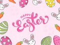 Happy Easter Celebration Concept with Cartoon Cute Bunny Face, Painted Eggs and Carrots Royalty Free Stock Photo