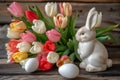 Happy easter celebration Eggs Crucify Basket. Easter Bunny bouncing picnics. Hare on meadow with Peony easter background wallpaper Royalty Free Stock Photo