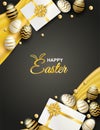 Happy easter celebration. golden,white easter egg and gift box on black background ,light and shadow . Vector Royalty Free Stock Photo