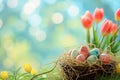 Happy easter cerulean blue Eggs Chirping Basket. White blank spot Bunny Seafoam. red brick background wallpaper Royalty Free Stock Photo