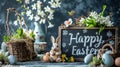 Happy Easter chalkboard sign by a handcrafted bunny figure, painted eggs and spring flowers, rustic concrete background Royalty Free Stock Photo