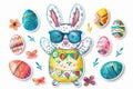 Happy easter cheerful Eggs Pastel soft blue Basket. White Turquoise Bunny digital card. simile background wallpaper