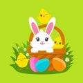 Happy Easter. Cheerful rabbit in a basket with painted eggs on the green grass. Cute chickens. Colored flat vector illustration